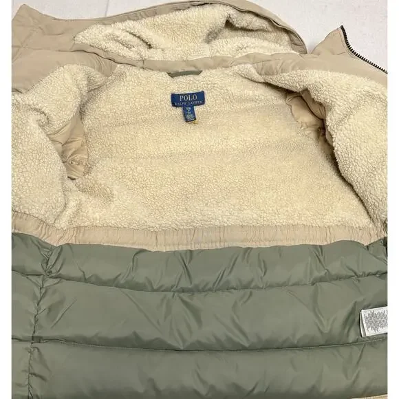 Polo Ralph Lauren Boys Faux Fur Trim Down Parka Jacket Coat Sz 8 Small Tan Khaki - Picture 3 of 13